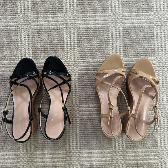 Kate Spade Tan Neutral Patent Leather Strappy Cork Wedges Size 8M - Picture 2 of 7